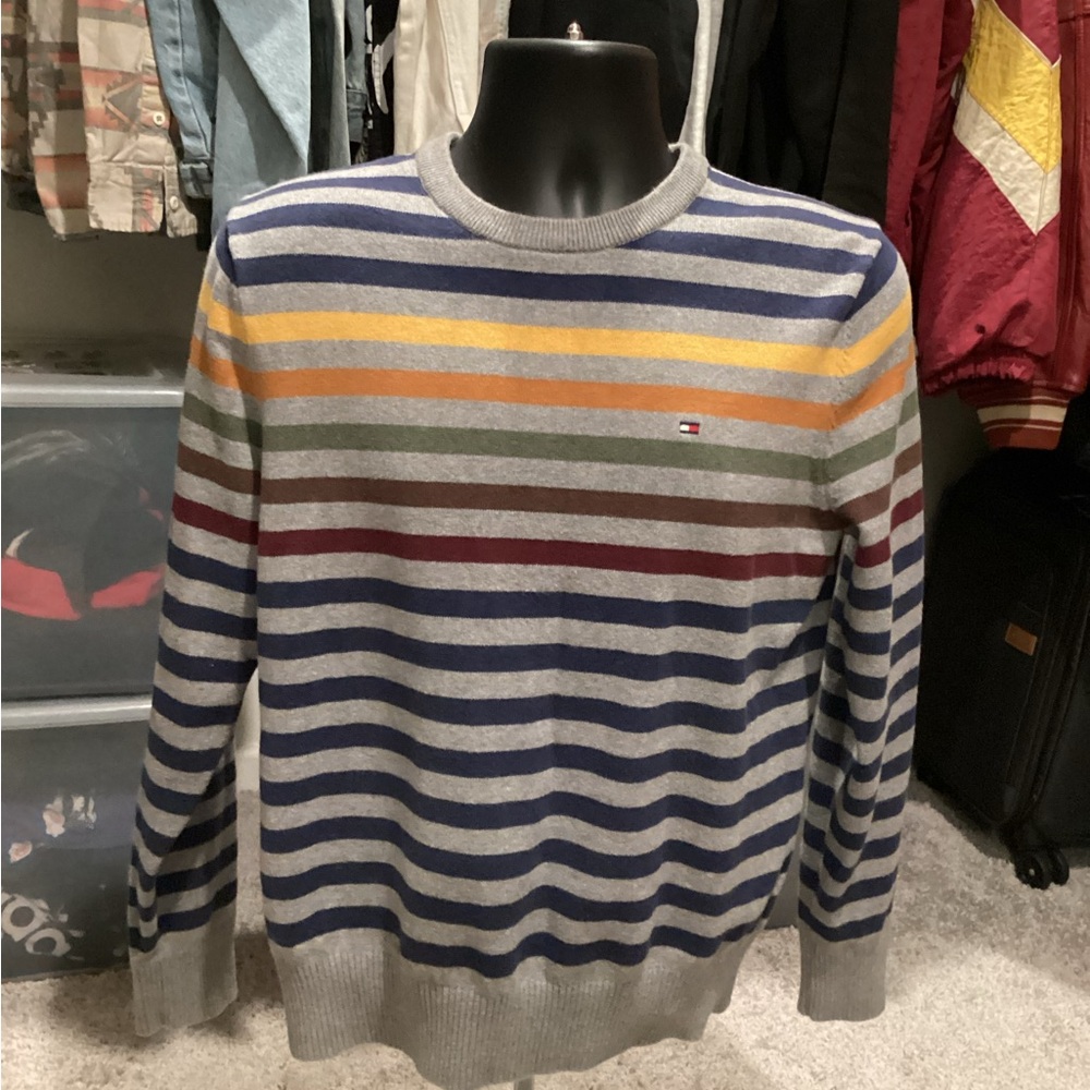 Tommy Hilfiger Men's Gray Striped Crewneck Sweater